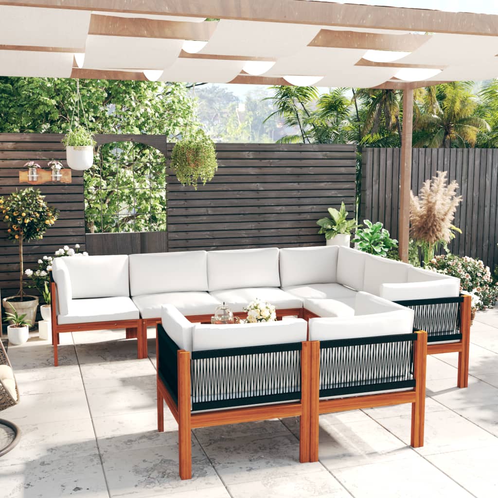 10-tlg. Garten-Lounge-Set mit Kissen Cremefarbenes Holz Akazie & Seil