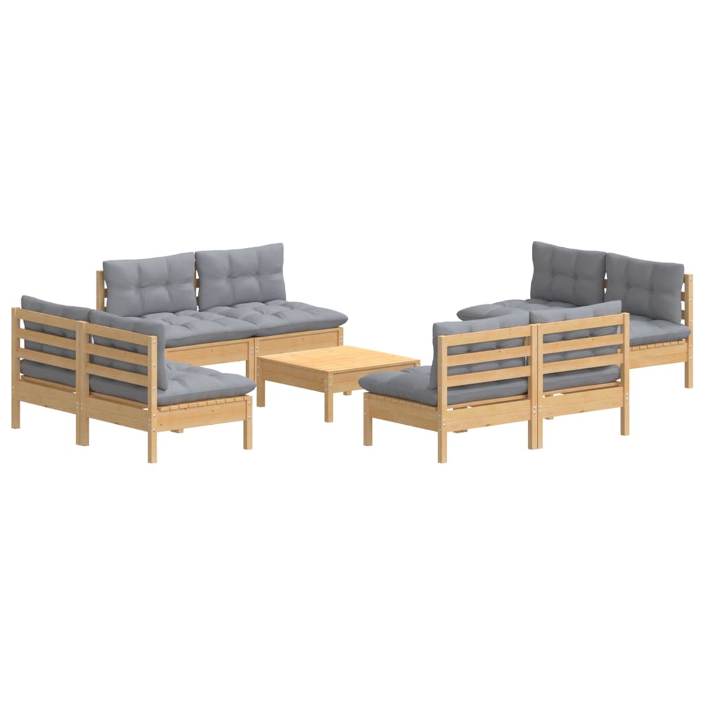 9-tlg. Garten-Lounge-Set mit Grauen Kissen Kiefernholz