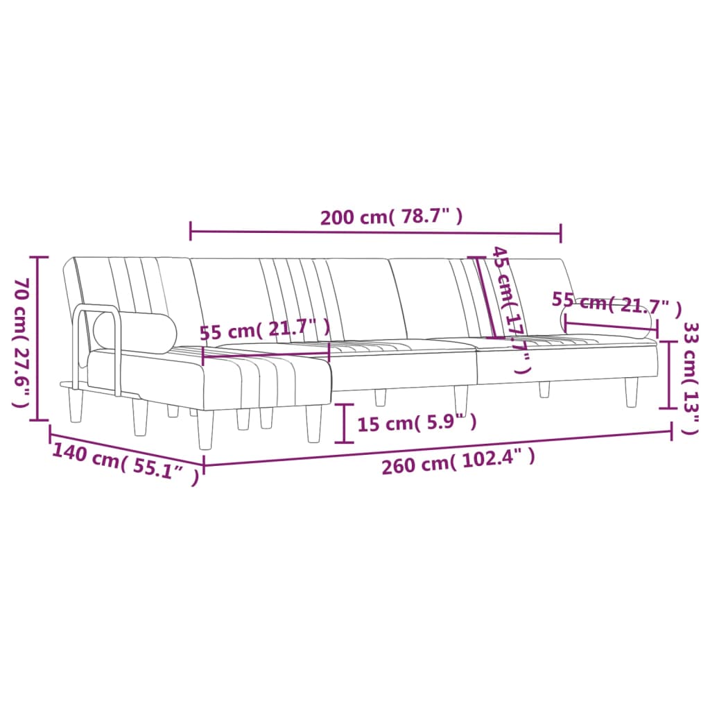 Schlafsofa in L-Form Schwarz 260x140x70 cm Samt