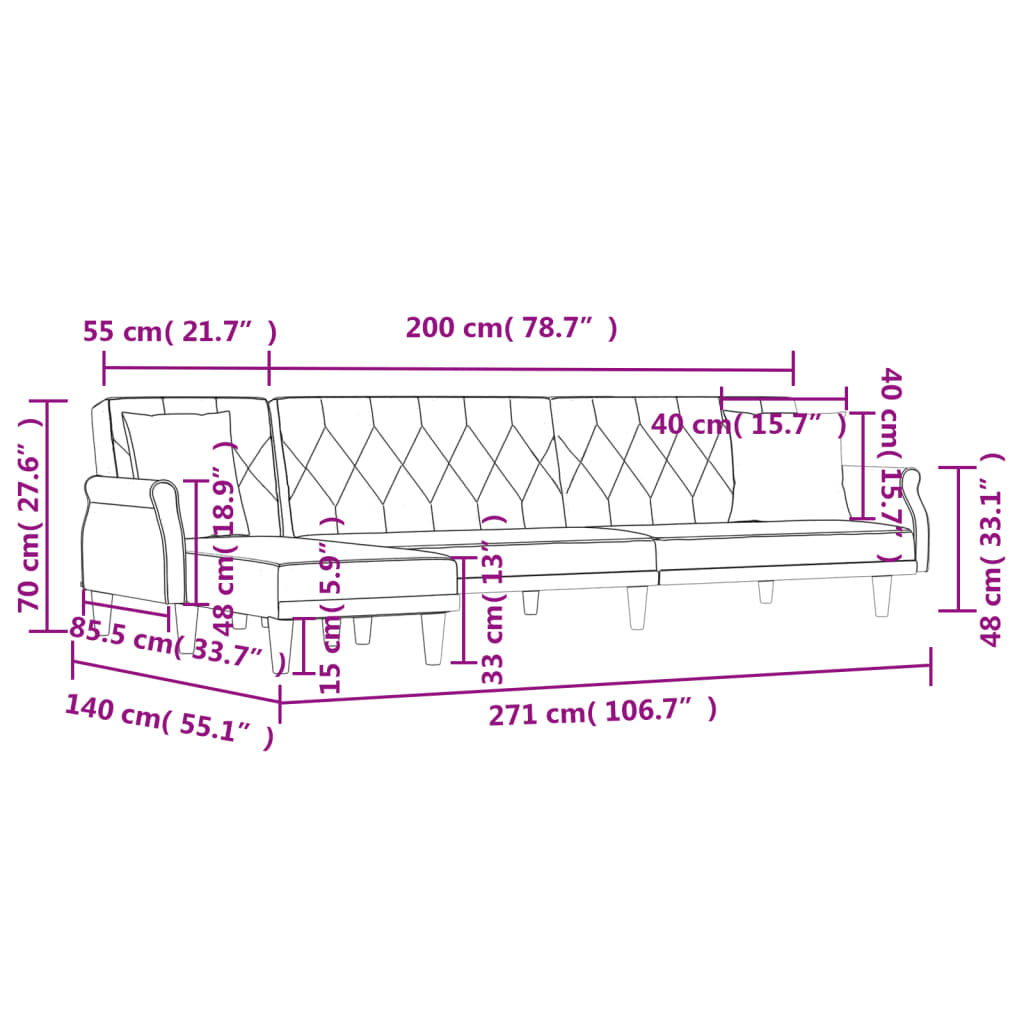 Schlafsofa in L-Form Schwarz 271x140x70 cm Samt