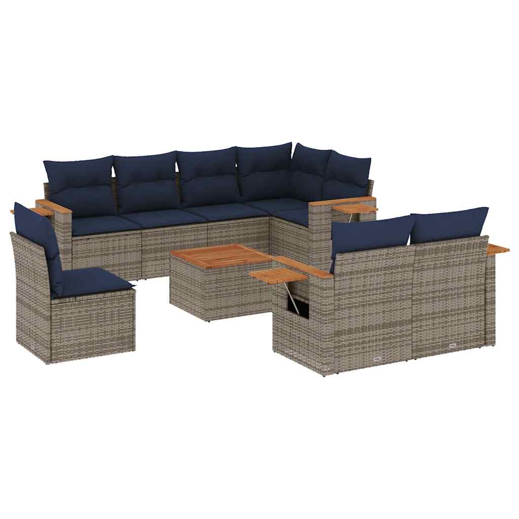 9-tlg. Garten-Sofagarnitur mit Kissen Grau Poly Rattan