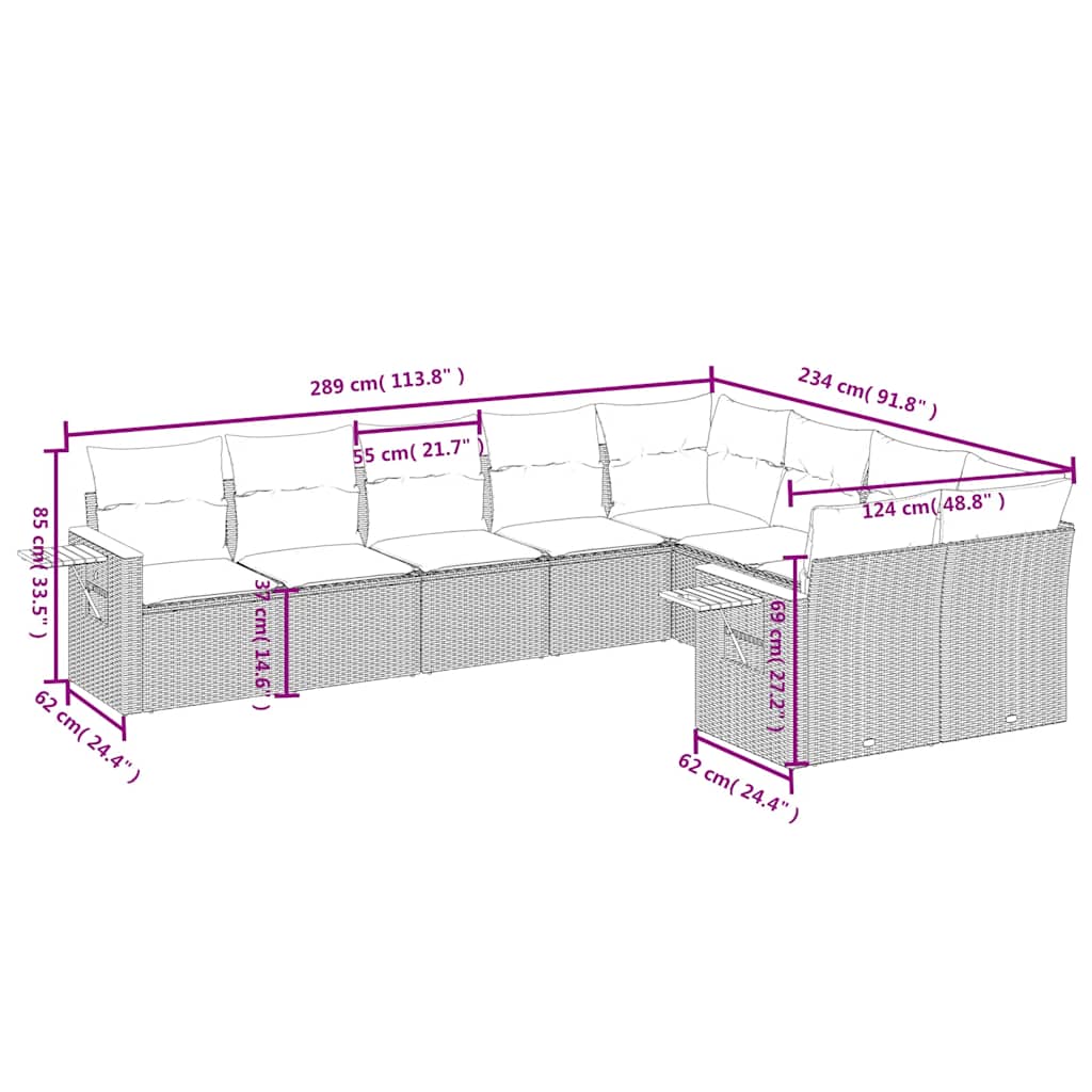 9-tlg. Garten-Sofagarnitur mit Kissen Grau Poly Rattan