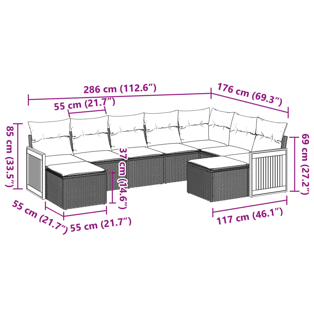 9-tlg. Garten-Sofagarnitur mit Kissen Grau Poly Rattan