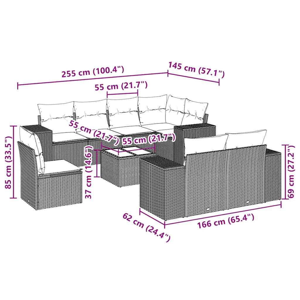 9-tlg. Garten-Sofagarnitur mit Kissen Hellgrau Poly Rattan