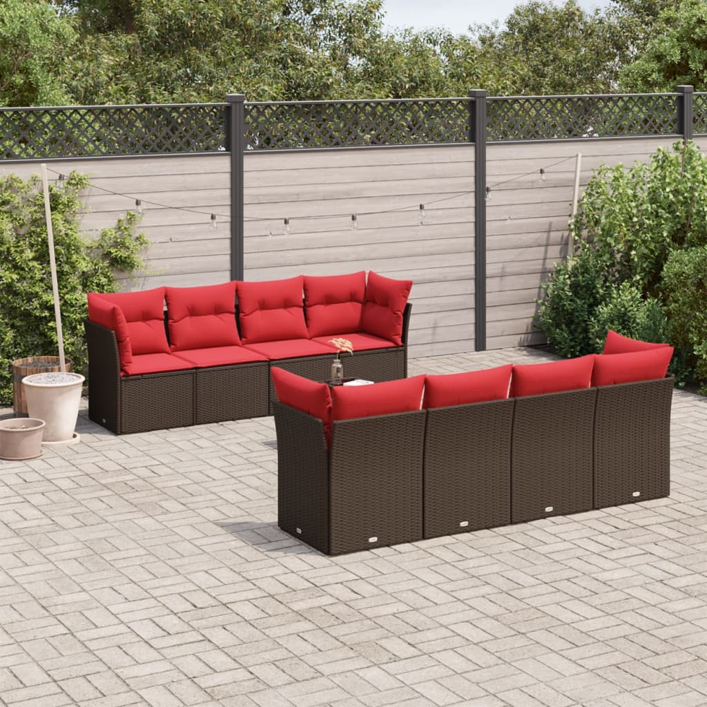 9-tlg. Garten-Sofagarnitur mit Kissen Braun Poly Rattan