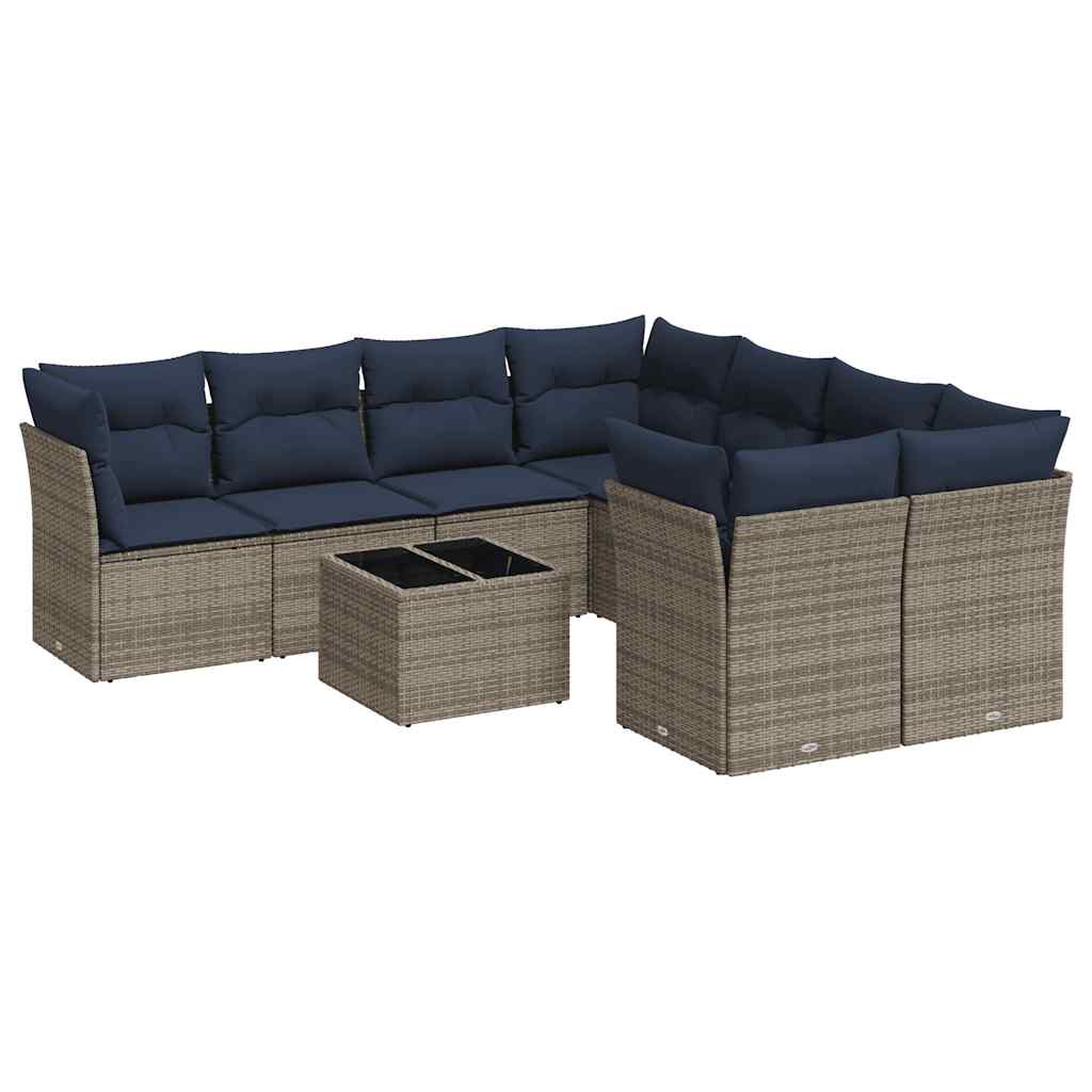 9-tlg. Garten-Sofagarnitur mit Kissen Grau Poly Rattan