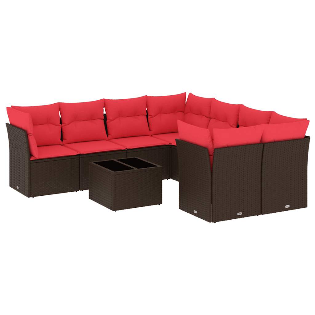 9-tlg. Garten-Sofagarnitur mit Kissen Braun Poly Rattan
