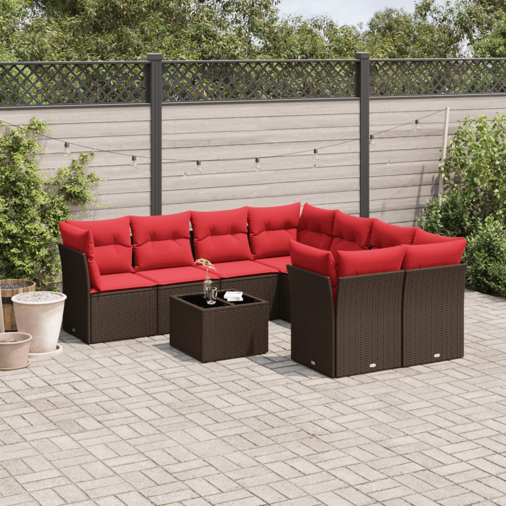 9-tlg. Garten-Sofagarnitur mit Kissen Braun Poly Rattan