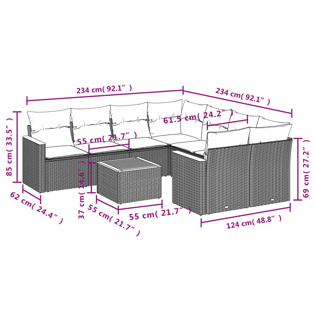 9-tlg. Garten-Sofagarnitur mit Kissen Grau Poly Rattan