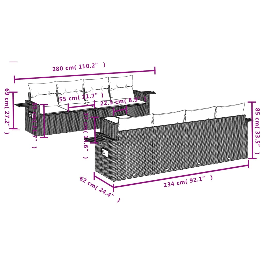 9-tlg. Garten-Sofagarnitur mit Kissen Braun Poly Rattan