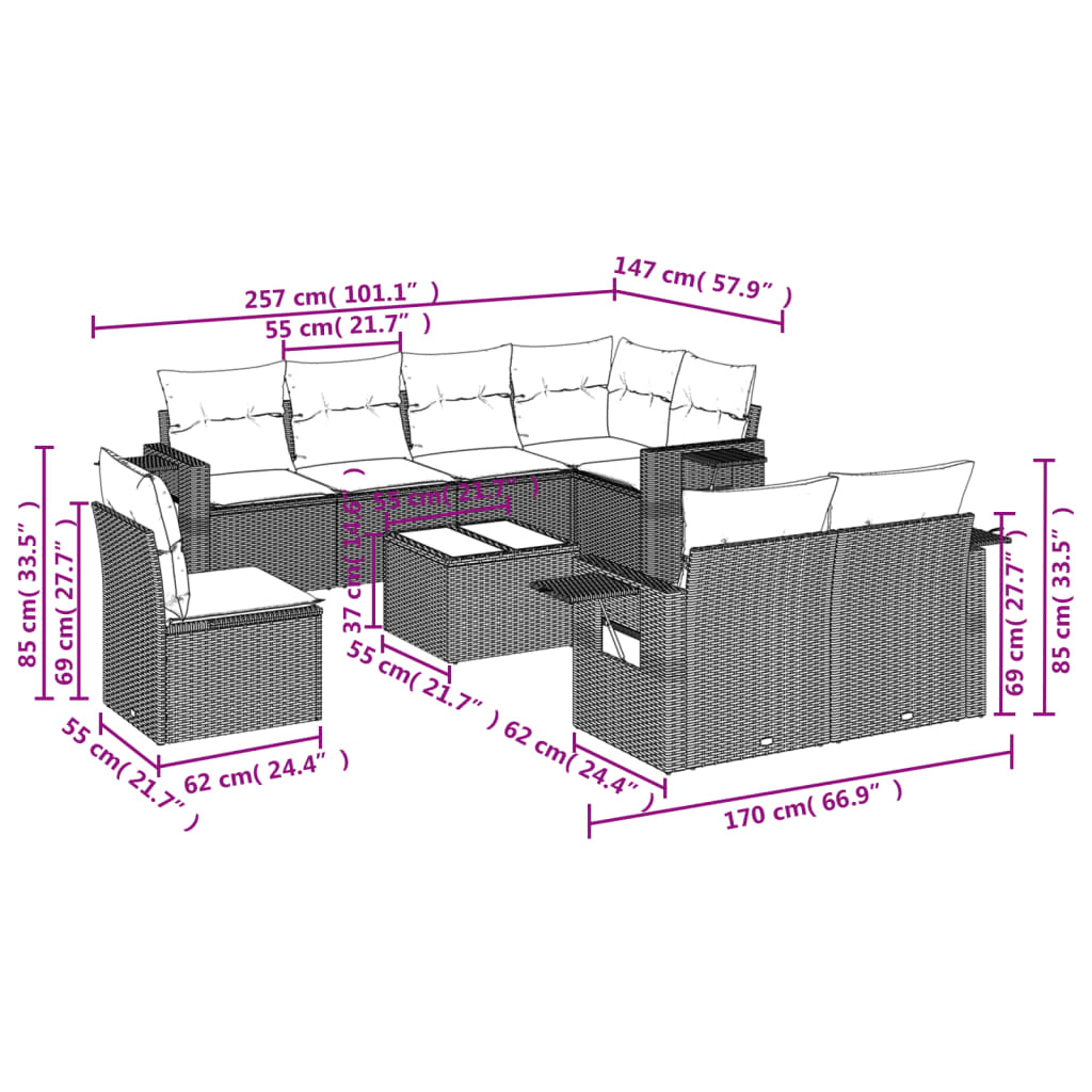 9-tlg. Garten-Sofagarnitur mit Kissen Braun Poly Rattan