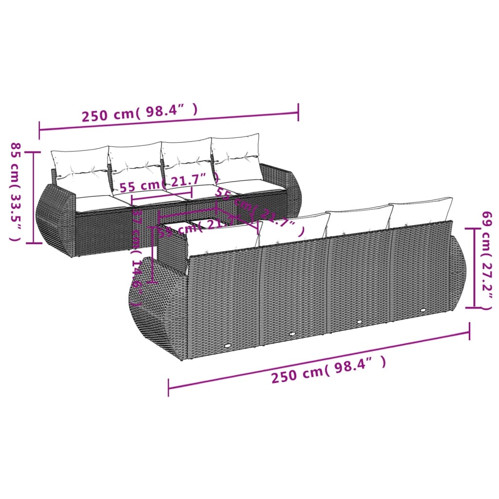 9-tlg. Garten-Sofagarnitur mit Kissen Braun Poly Rattan