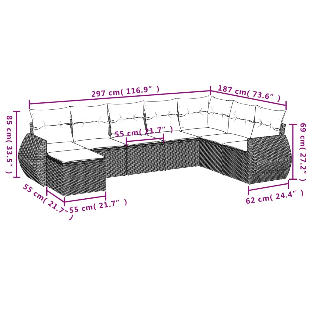 9-tlg. Garten-Sofagarnitur mit Kissen Braun Poly Rattan