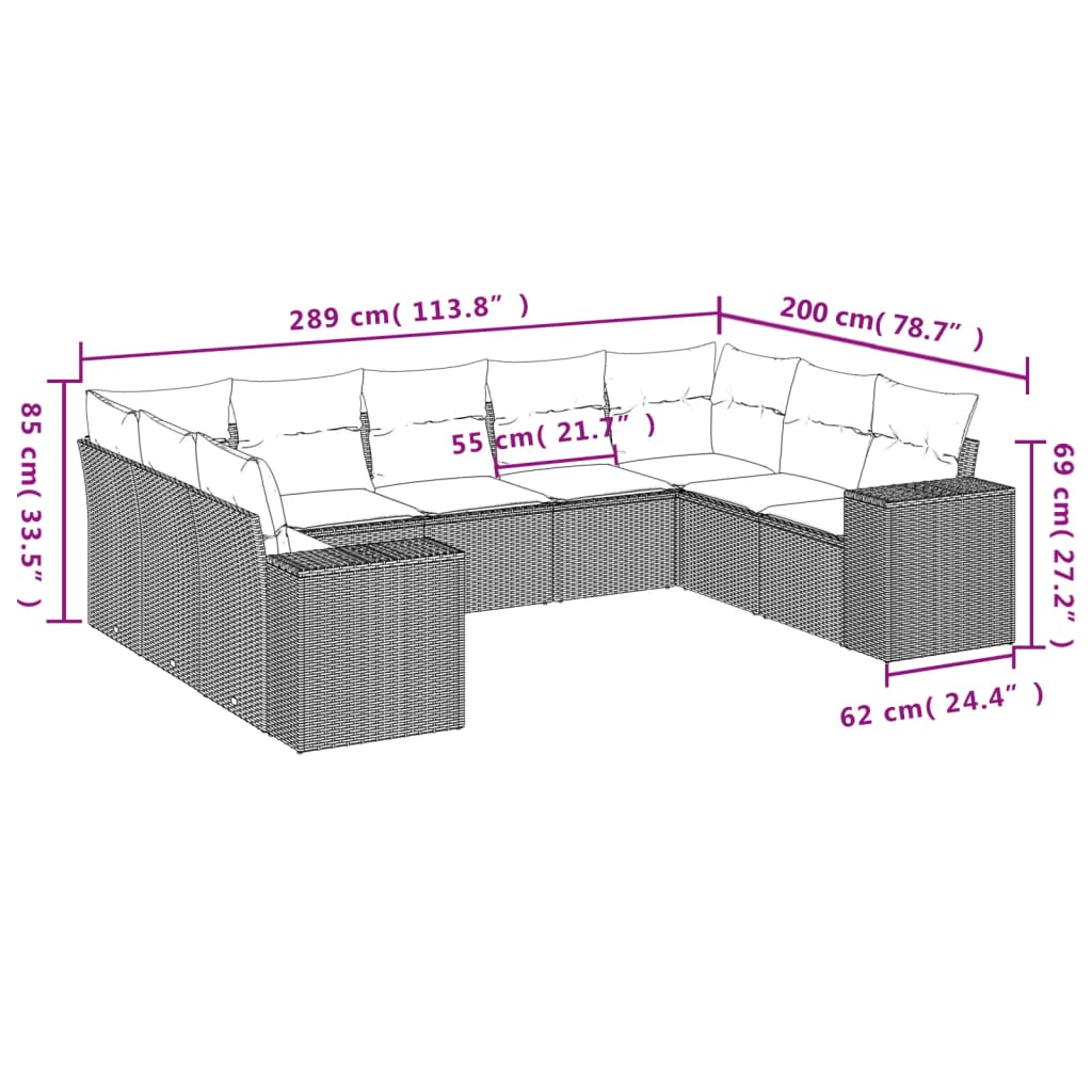 9-tlg. Garten-Sofagarnitur mit Kissen Grau Poly Rattan