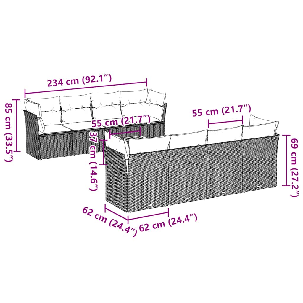 9-tlg. Garten-Sofagarnitur mit Kissen Grau Poly Rattan