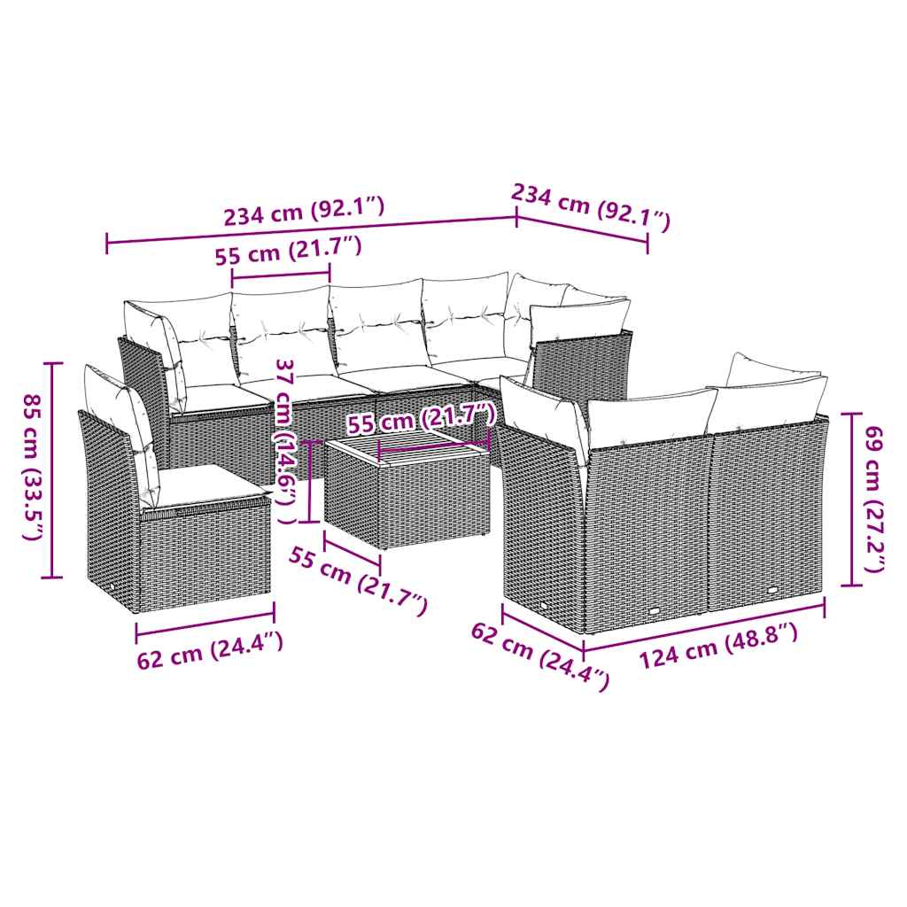9-tlg. Garten-Sofagarnitur mit Kissen Grau Poly Rattan