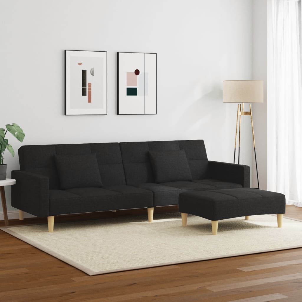 Schlafsofa 2-Sitzer mit Fußhocker Schwarz Stoff