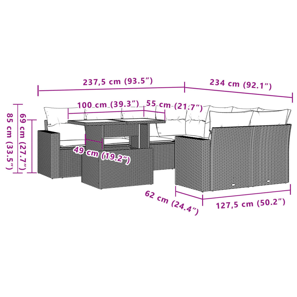 9-tlg. Garten-Sofagarnitur mit Kissen Grau Poly Rattan