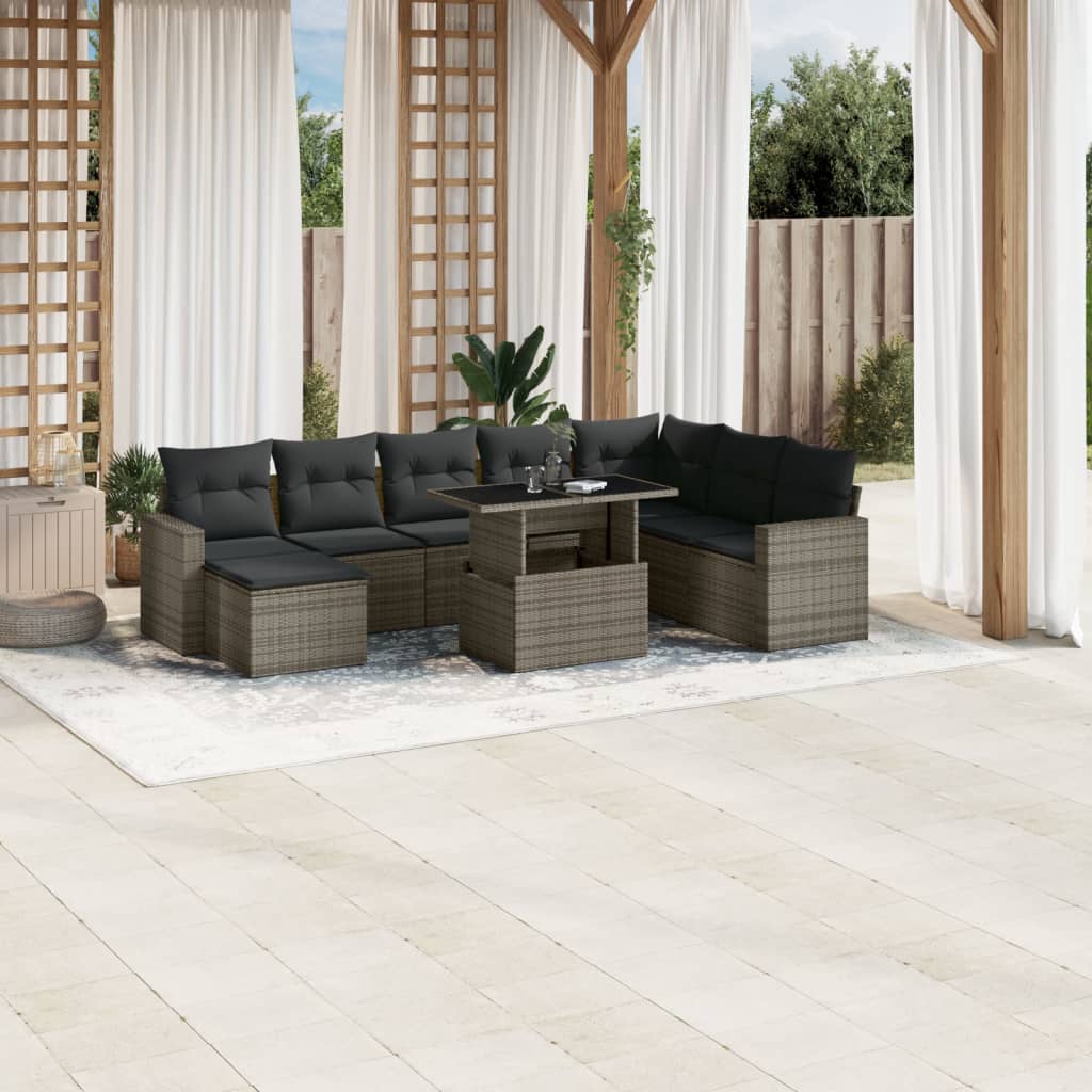 9-tlg. Garten-Sofagarnitur mit Kissen Grau Poly Rattan