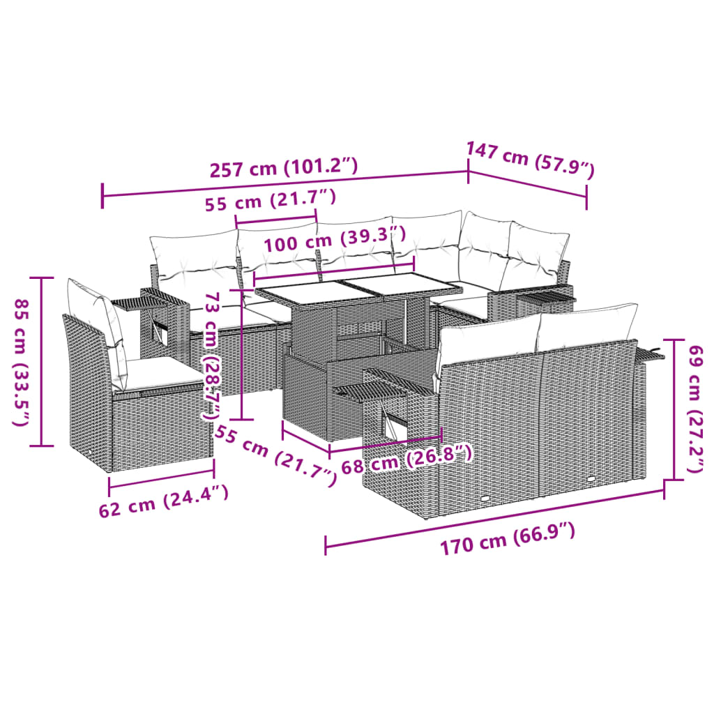 9-tlg. Garten-Sofagarnitur mit Kissen Grau Poly Rattan