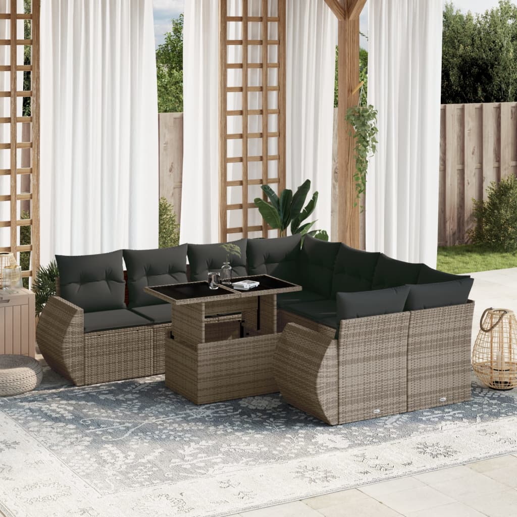 9-tlg. Garten-Sofagarnitur mit Kissen Grau Poly Rattan