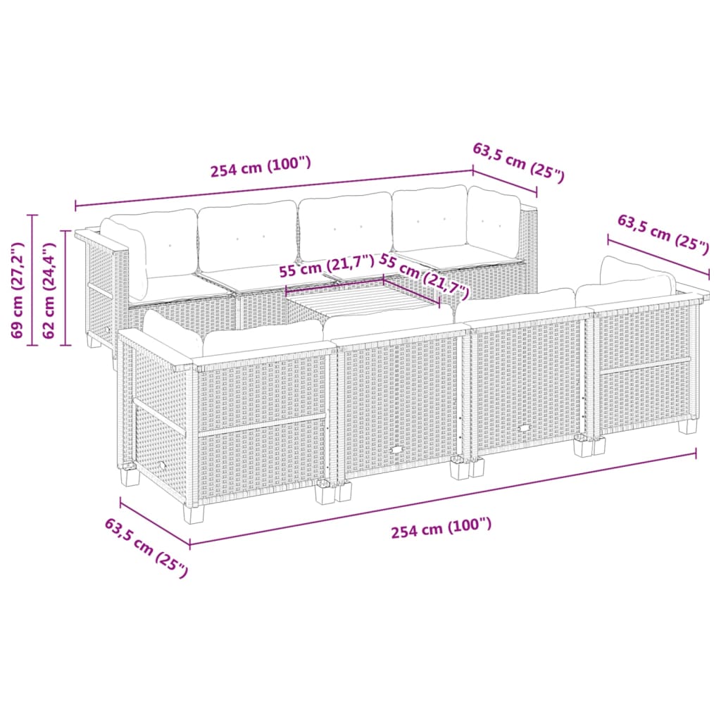 9-tlg. Garten-Sofagarnitur mit Kissen Grau Poly Rattan
