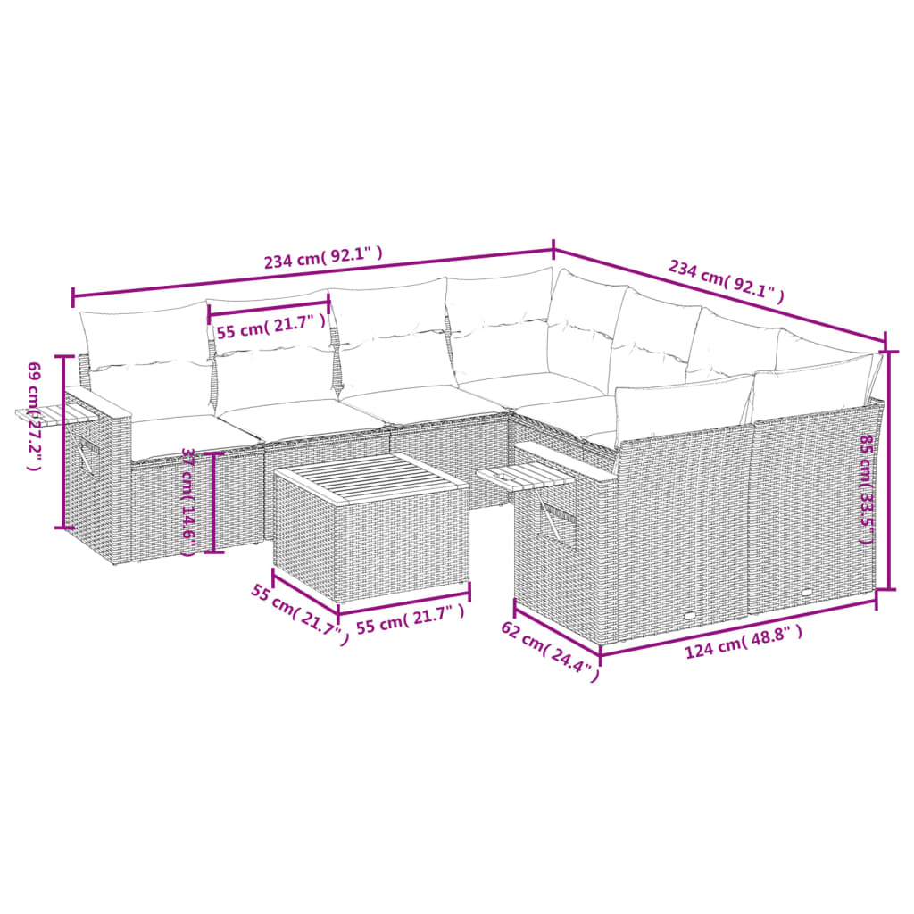 9-tlg. Garten-Sofagarnitur mit Kissen Grau Poly Rattan