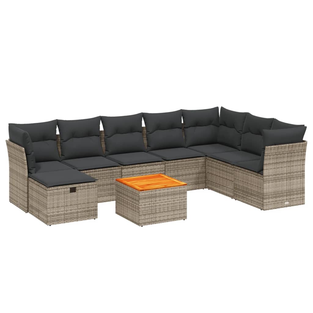 9-tlg. Garten-Sofagarnitur mit Kissen Grau Poly Rattan
