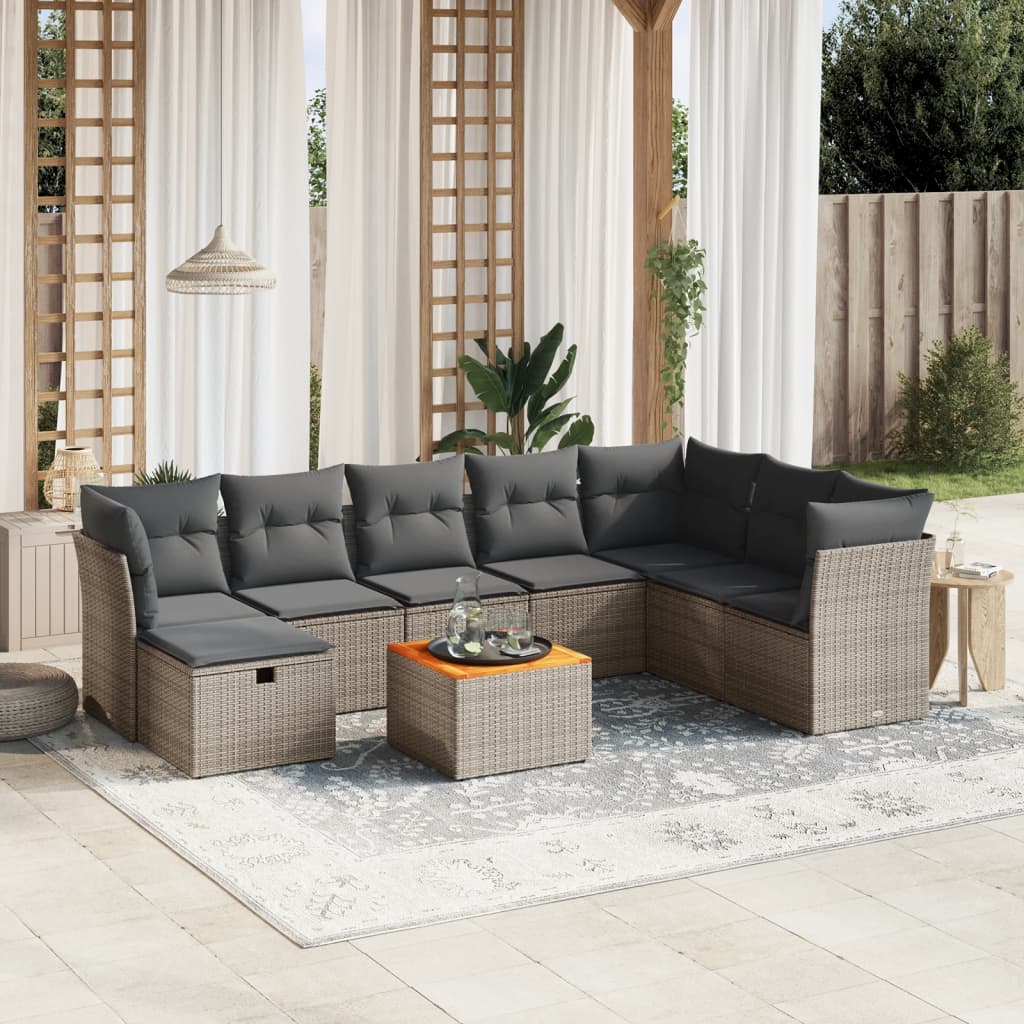 9-tlg. Garten-Sofagarnitur mit Kissen Grau Poly Rattan