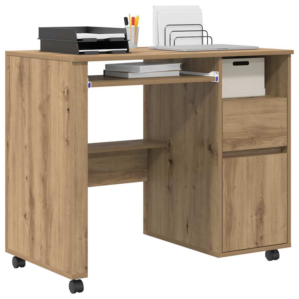 Tisch mit Rollen mit Regal Eiche handwerklich 91 x 50 x 77 cm