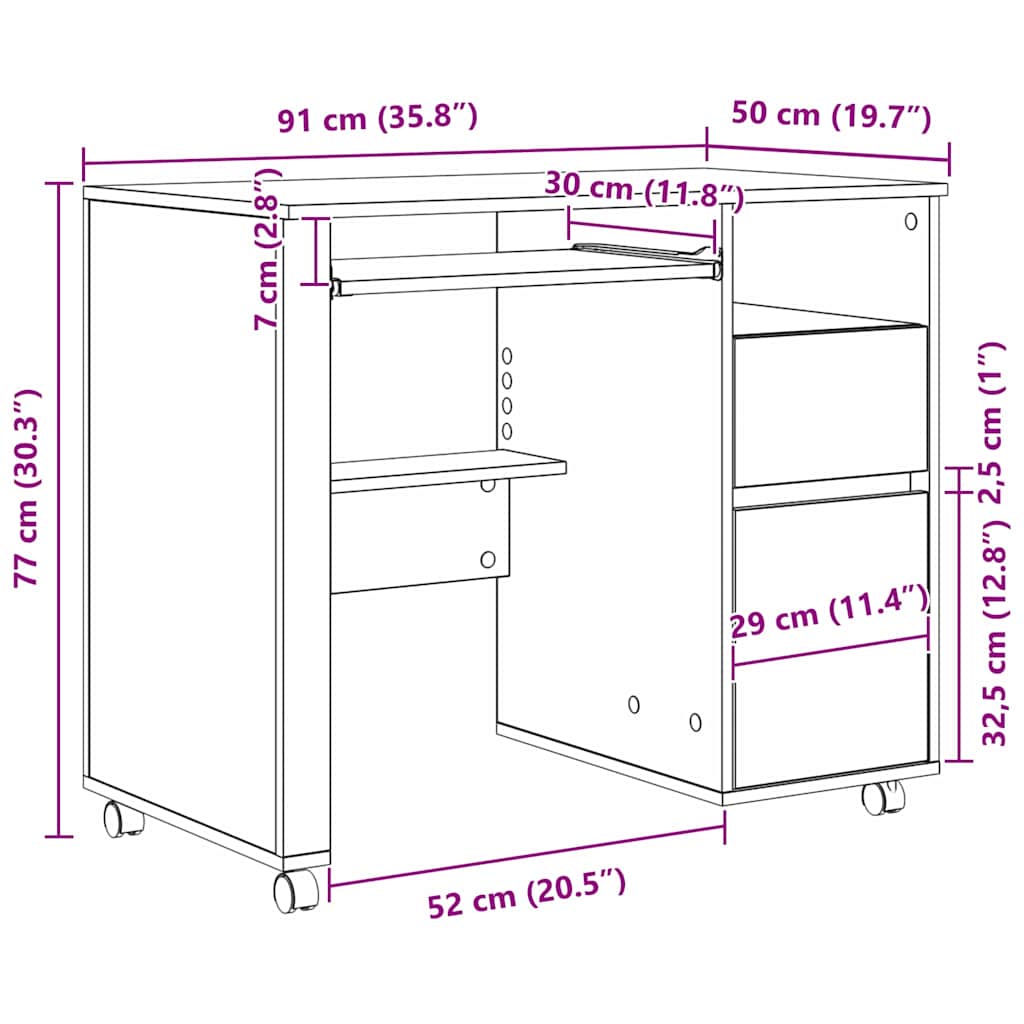 Tisch mit Rollen mit Regal Eiche handwerklich 91 x 50 x 77 cm