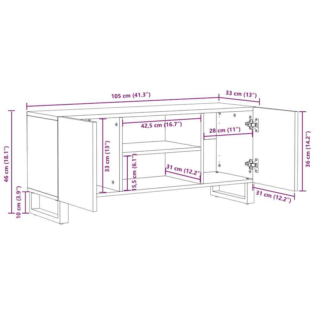 TV-Schränk Weiß 105 x 33 x 46 cm massives Mangoholz
