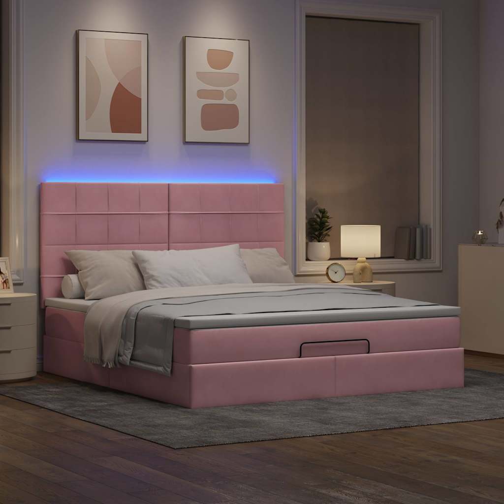 Ottoman-Bett mit Matratzen & LEDs Rosa 160x200 cm Samt