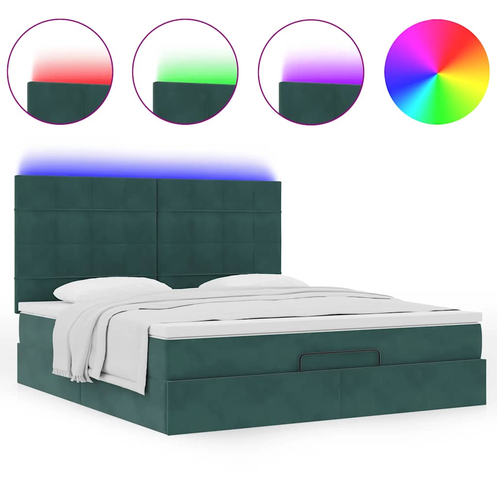 Ottoman-Bett mit Matratzen & LEDs Dunkelgrün 180x200 cm Samt