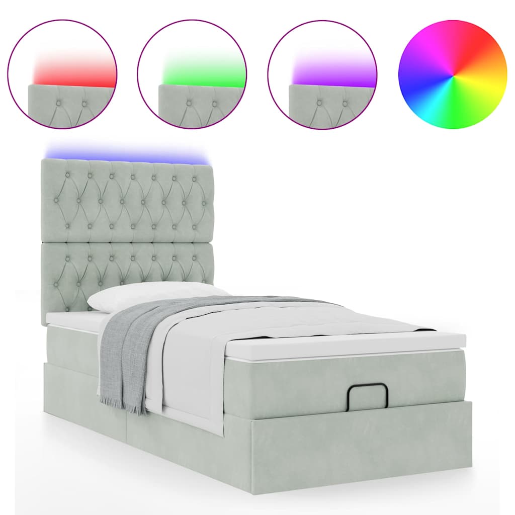 Ottoman-Bett mit Matratzen & LEDs Hellgrau 90x200 cm Samt