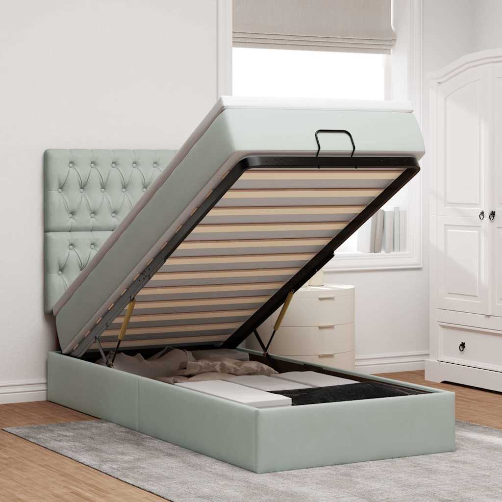 Ottoman-Bett mit Matratzen & LEDs Hellgrau 90x200 cm Samt