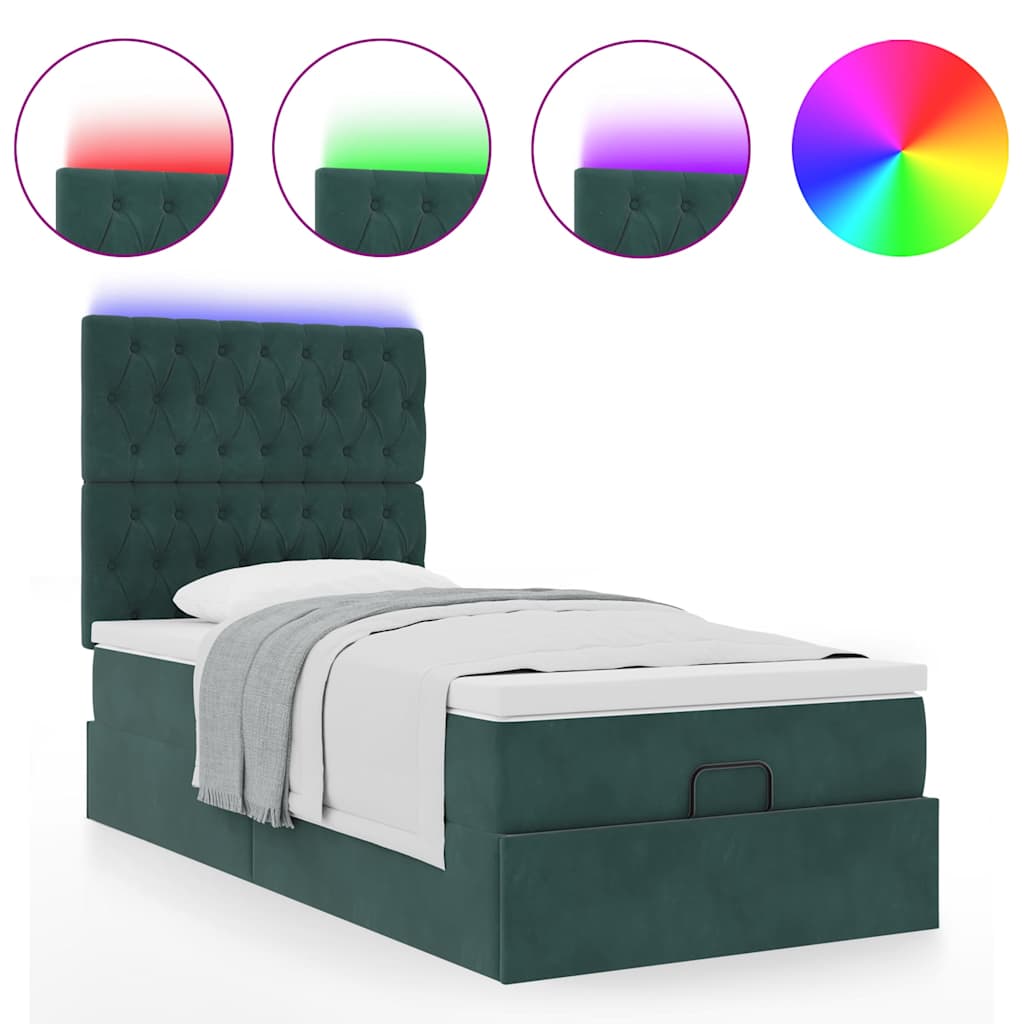Ottoman-Bett mit Matratzen & LEDs Dunkelgrün 90x200 cm Samt