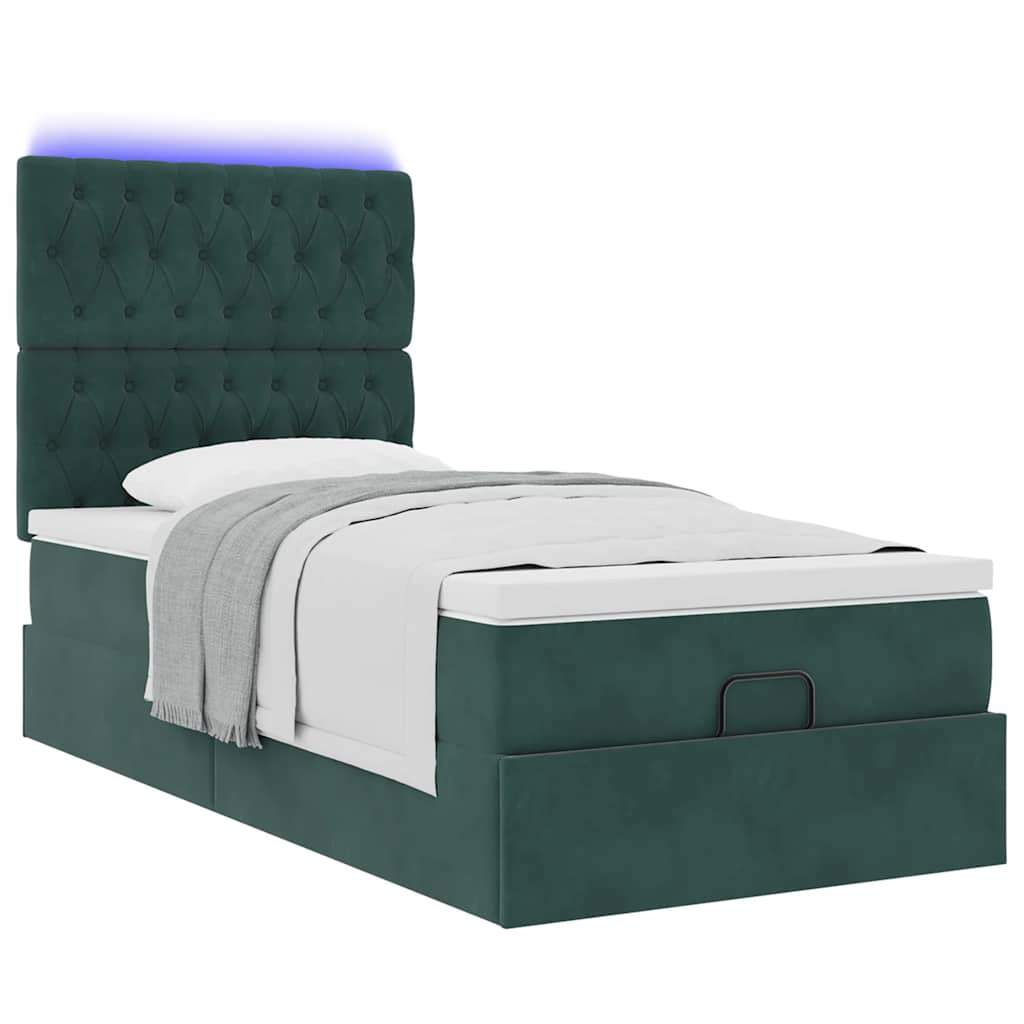 Ottoman-Bett mit Matratzen & LEDs Dunkelgrün 90x200 cm Samt