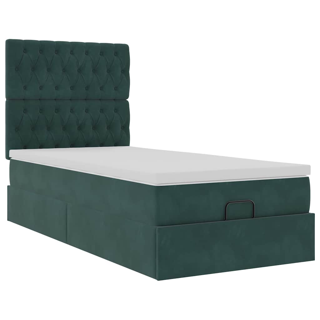 Ottoman-Bett mit Matratzen & LEDs Dunkelgrün 90x200 cm Samt