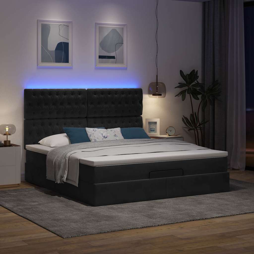 Ottoman-Bett mit Matratzen & LEDs Schwarz 160x200 cm Samt