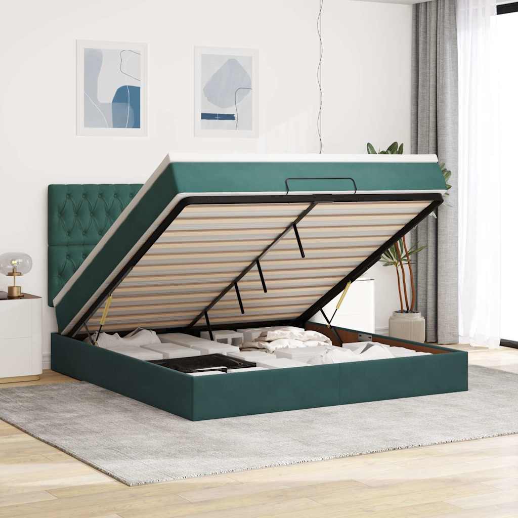 Ottoman-Bett mit Matratzen & LEDs Dunkelgrün 160x200 cm Samt