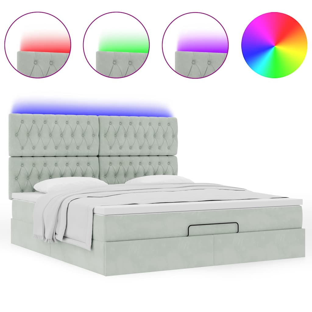 Ottoman-Bett mit Matratzen & LEDs Hellgrau 180x200 cm Samt