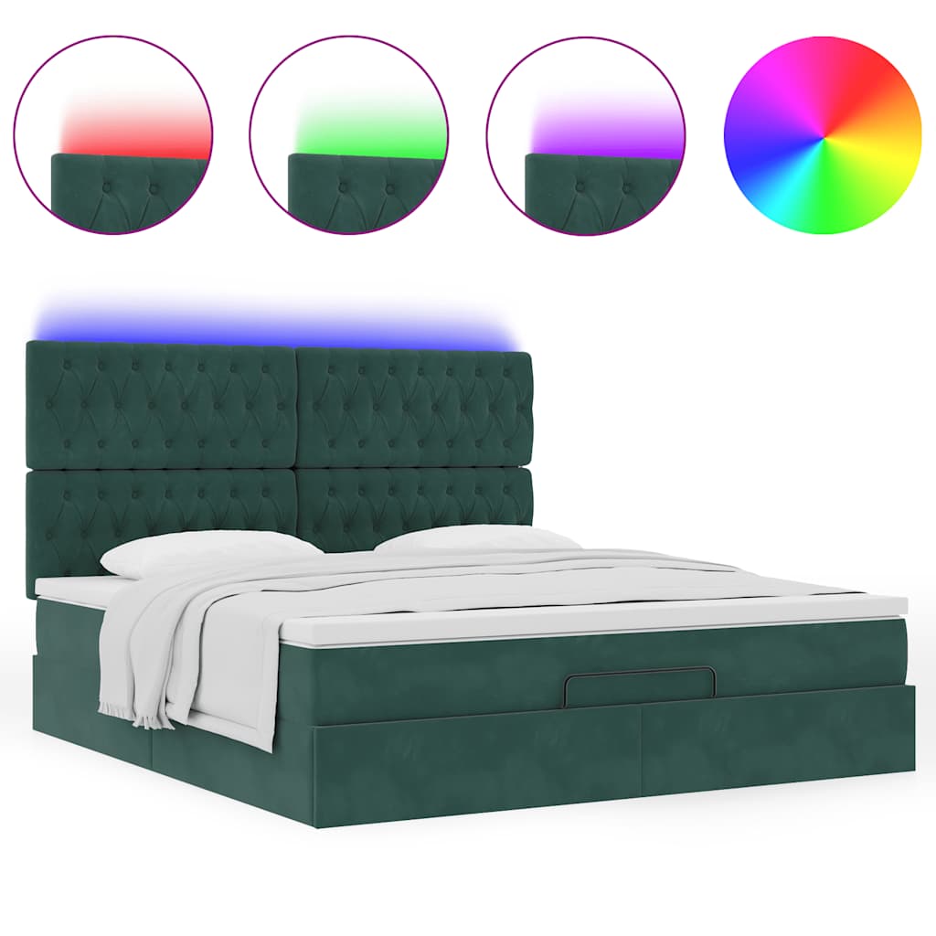 Ottoman-Bett mit Matratzen & LEDs Dunkelgrün 180x200 cm Samt