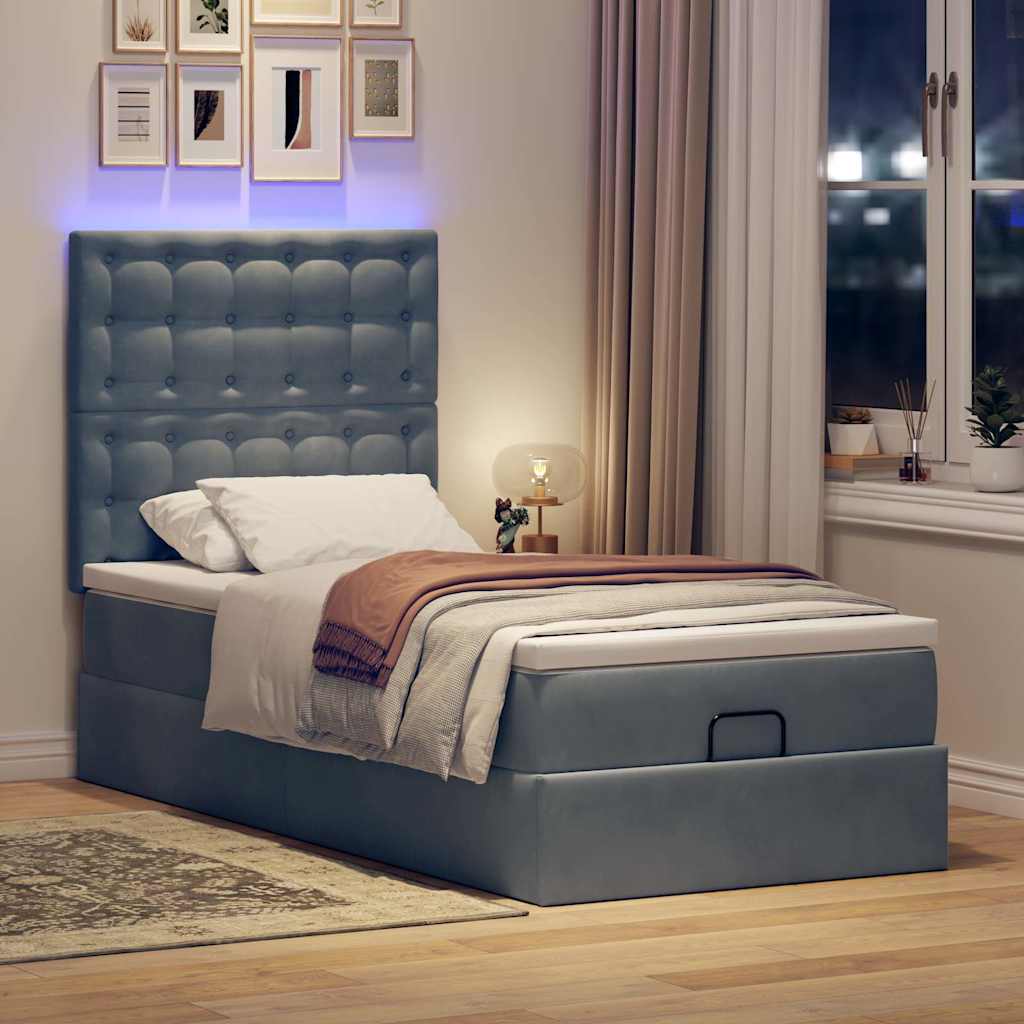 Ottoman-Bett mit Matratzen & LEDs Dunkelgrau 90x200 cm Samt