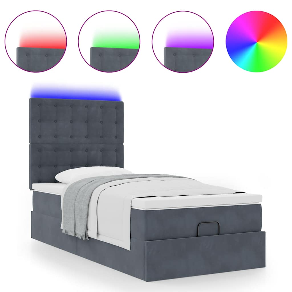 Ottoman-Bett mit Matratzen & LEDs Dunkelgrau 90x200 cm Samt