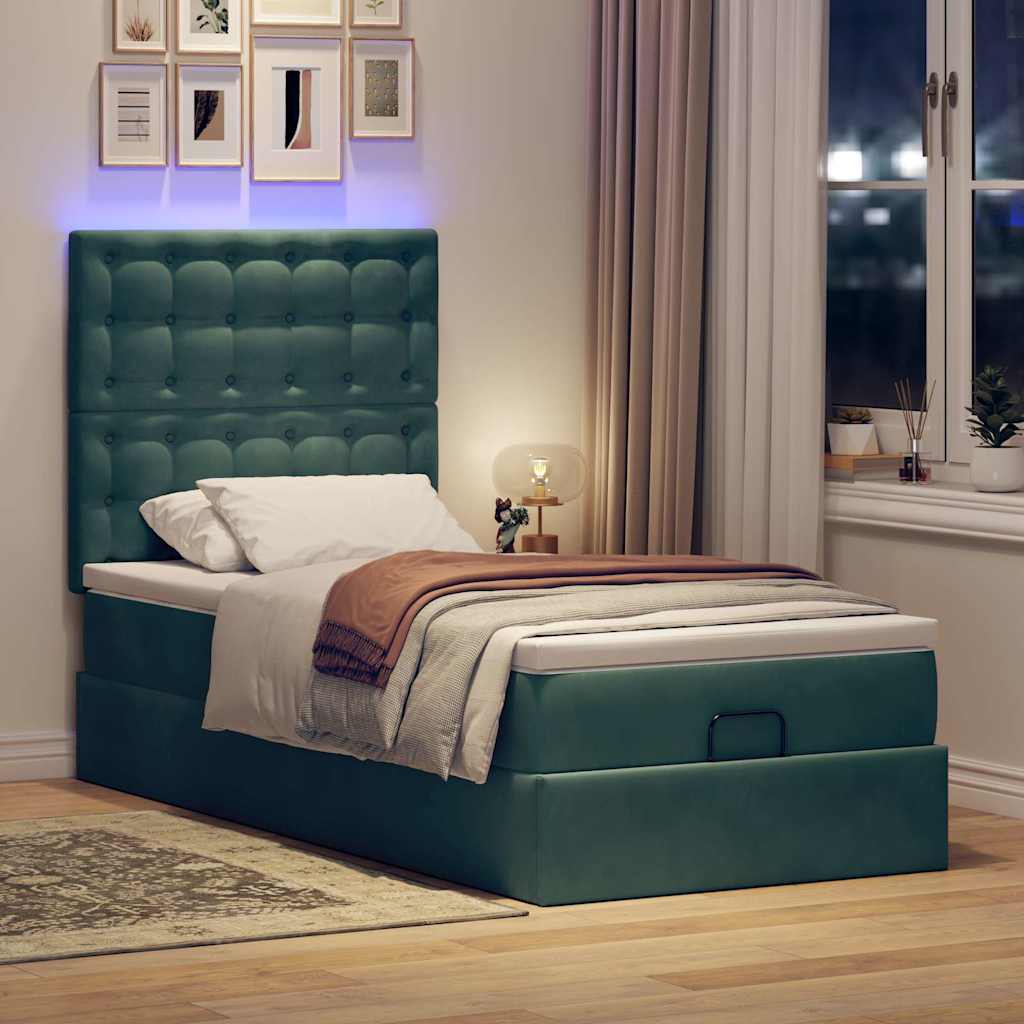 Ottoman-Bett mit Matratzen & LEDs Dunkelgrün 90x200 cm Samt