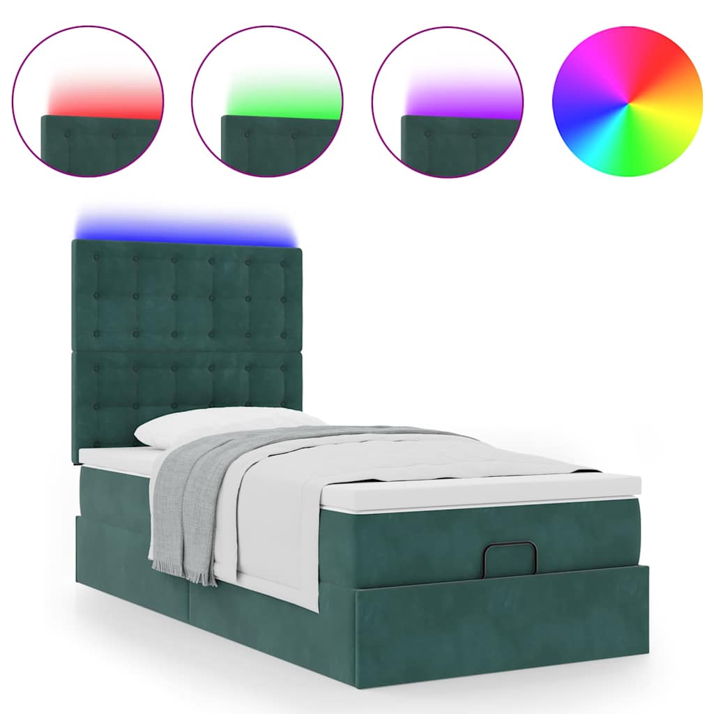 Ottoman-Bett mit Matratzen & LEDs Dunkelgrün 90x200 cm Samt