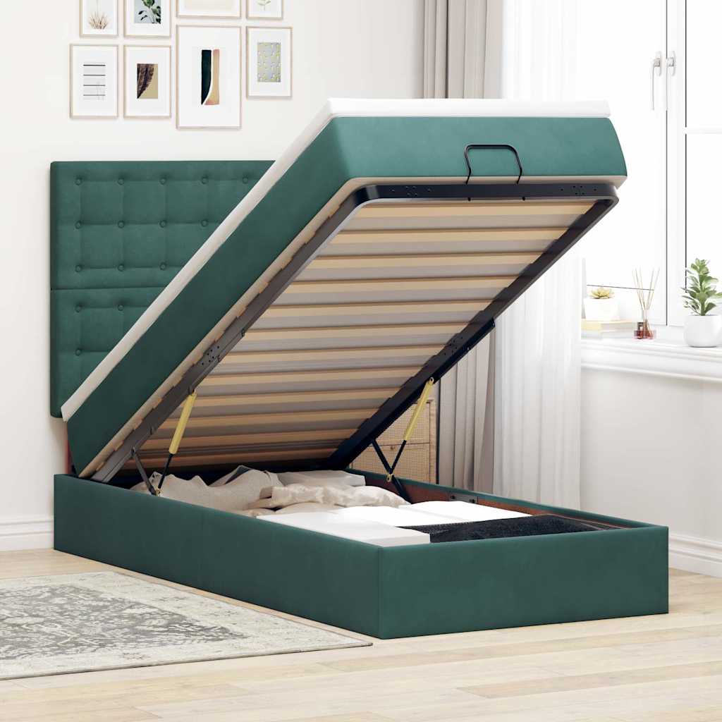 Ottoman-Bett mit Matratzen & LEDs Dunkelgrün 90x200 cm Samt