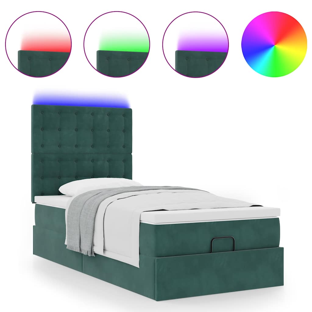 Ottoman-Bett mit Matratzen & LEDs Dunkelgrün 100x200 cm Samt