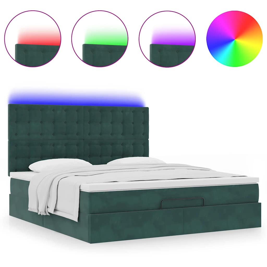 Ottoman-Bett mit Matratzen & LEDs Dunkelgrün 180x200 cm Samt